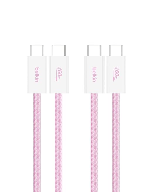 Belkin USB C to USB C Cable 2-Pack, 3.3ft, 60W - Type C Charger, iPhone Charger Cord, Soft, Braided, Flexible for iPhone 16, Galaxy S25, Pixel 9, Airpods, iPad Pro & More, Travel Essentials - Pink
