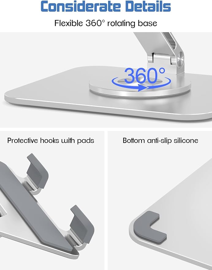 Tablet Stand Holder with 360°Rotating Base - Adjustable Aluminum Desktop Stand for iPad Holder for Desk Compatible with 4-13" Tablets, Silver