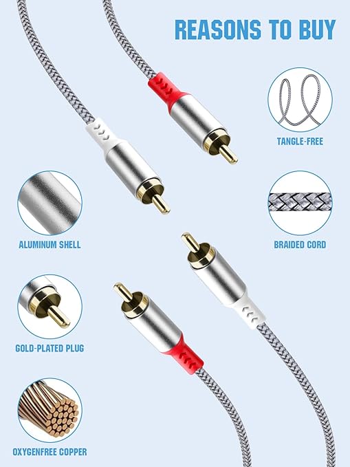 2RCA to 2RCA Cable 2 RCA Male Hi-Fi Systems Audio Stereo Subwoofer Cable Nylon-Braided Auxiliary Audio Cord for Home Theater HDTV Amplifiers Hi-Fi Systems Speakers and etc 6.6Ft Silver
