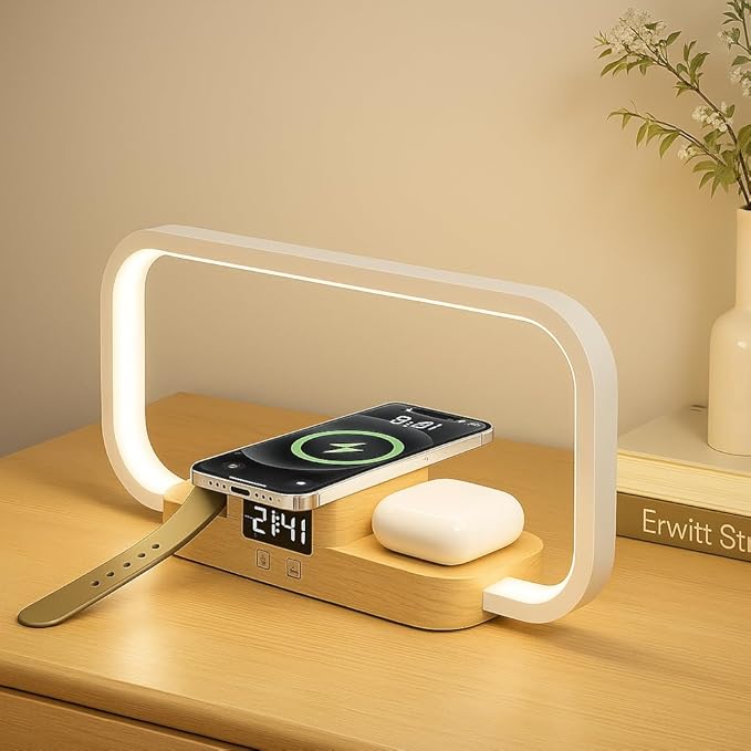 LED Bedside Lamp with Wireless Charger, 3 in 1 Touch Control Bedside Lamp, 5 Color Mode & Dimmable, Desk Lamps with Clock for Nightstand, Table Night Lamp for Bedroom, Gifts for Women, Men, Friends