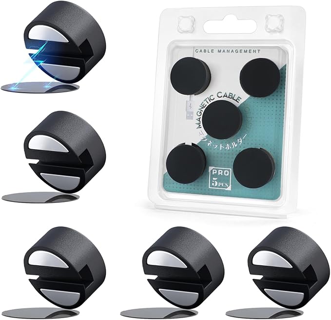 Maveek Magnetic Cord Clips Black, Silicone Cord Organizer Magnet Cable Holder Charging Cable Management Cord Keeper with Adhesive Metal Disc (5 Piece, Large Size)