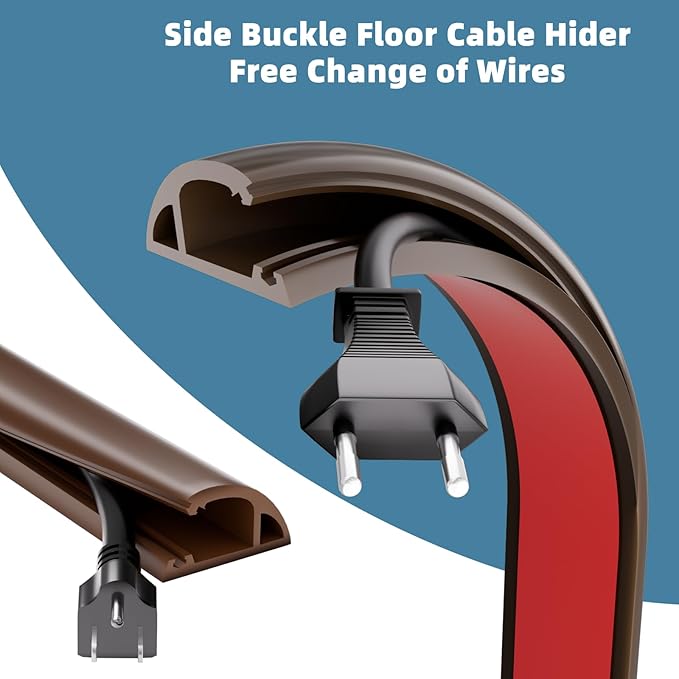 10ft Side Buckle Floor Cord Cover for Wires, Selfadhesive Extension Cord Hider Easy Floor Cable Management Prevent Cable Trips,Silicone Floor Wire Covers for Cords, Cable Protector Cord Cavity（Brown）