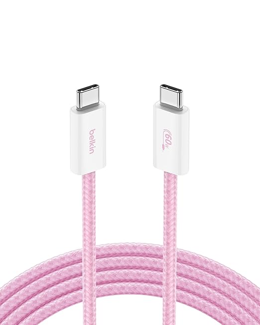 Belkin USB C to USB C Cable, 6.6ft, 60W - Type C Charger, iPhone Charger Cord, Soft, Braided, Flexible for iPhone 16, Galaxy S25, Pixel 9, Airpods, iPad Pro, Tablet & More, Travel Essentials - Pink