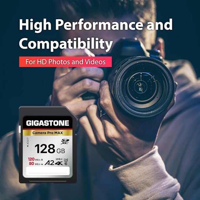 [5-Yrs Free Data Recovery] GIGASTONE 128GB SD Card, 4K Camera Pro MAX, A2 4K SDXC Memory Card High Speed 4K UHD Video Compatible with Canon Kodak Digital Camera, with 1 Mini case