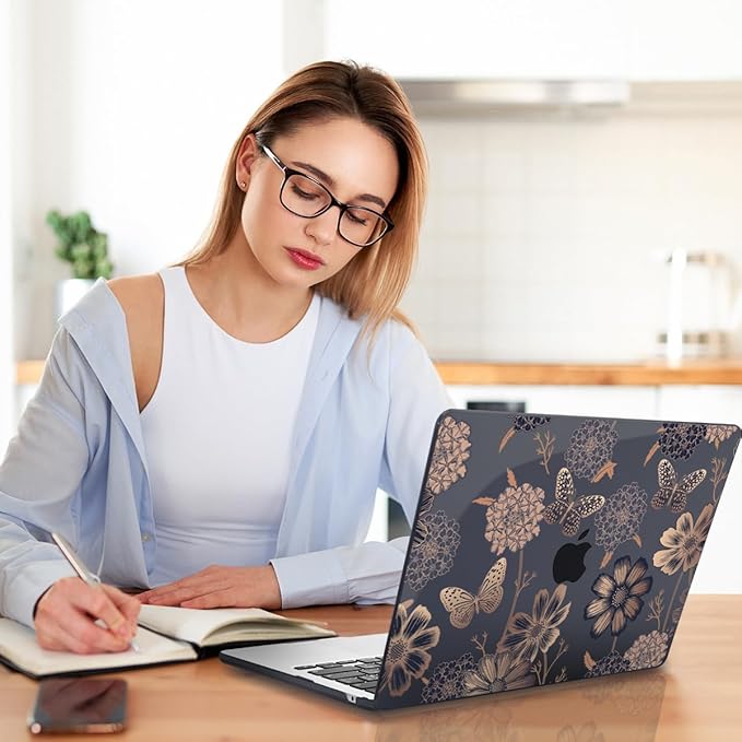 Teryeefi for MacBook Air M2 M3 M4 13.6 Case 2022 2023 2024 2025 Release A2681 A3113 A3240, Clear Hard Shell with Keyboard Cover & USB 3.0 Adapter & Screen Protector, Gold Floral Butterfly