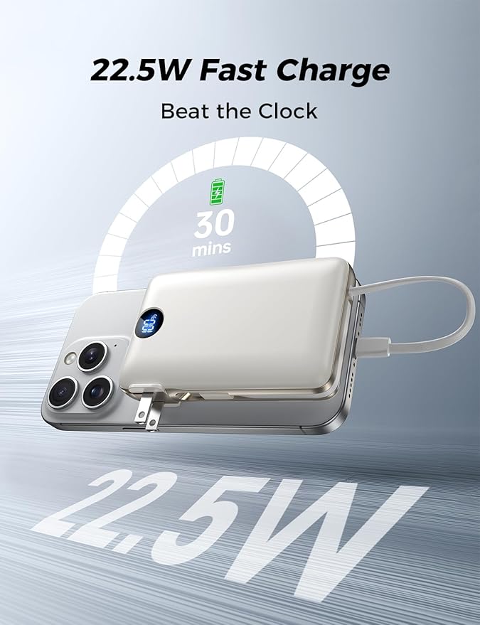Portable Charger with Built in Cable & Wall Plug, 50000 mAh Power Bank, 22.5W Fast Charging, 4 Outputs, Travel Essential Battery Pack with LED Display for iPhone 17/16/15/14 Series, Samsung, iPad etc