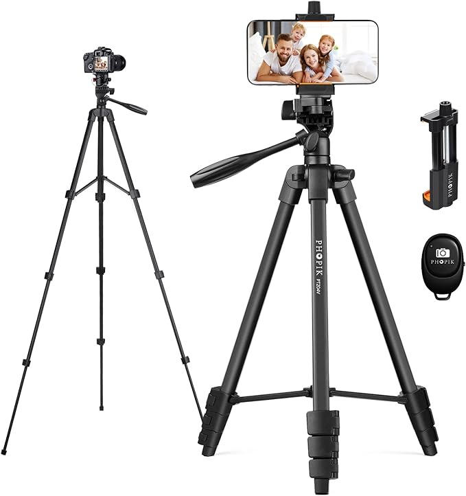 55" Phone Tripod, PHOPIK Aluminum Extendable Tripod Stand with Shutter, Carrying Bag, Compatible with iPhone/Android/Sport Camera&Insta 360 x5 Perfect for Video Recording/Selfies/Live Stream/Vlogging
