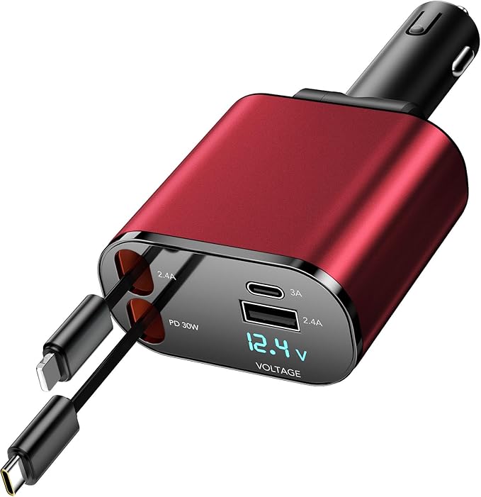 Retractable Car Charger Compatible with Galaxy Pixel, 4 in 1 Fast Charging 60W, Retractable Phone Charger for Car Retractable Cable and 2 USB Ports