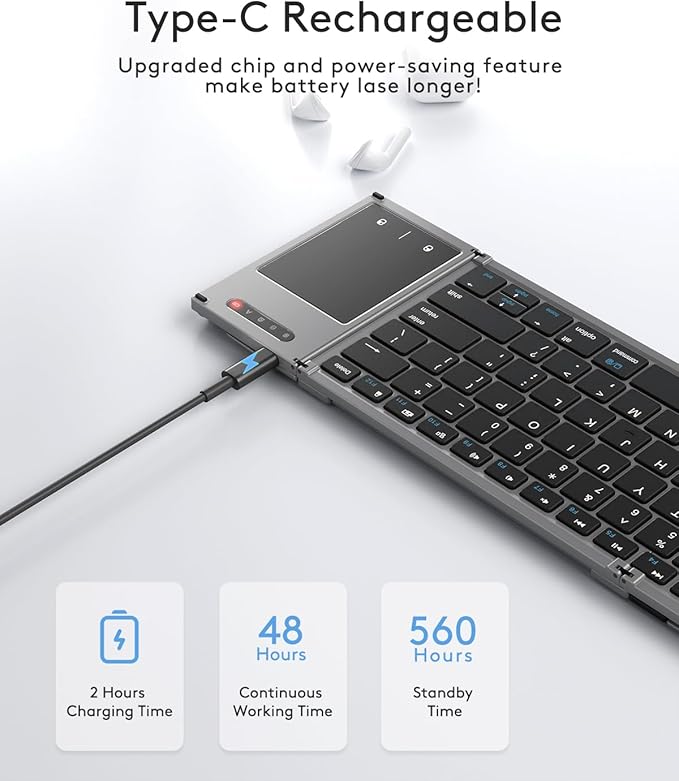 Samsers Foldable Bluetooth Keyboard with Touchpad, Full-Size Dual-Mode Wireless Folding, Rechargeable Portable Travel for iOS Android Windows Mac OS, Support 4 Device(BT5.1x3 + 2.4G)