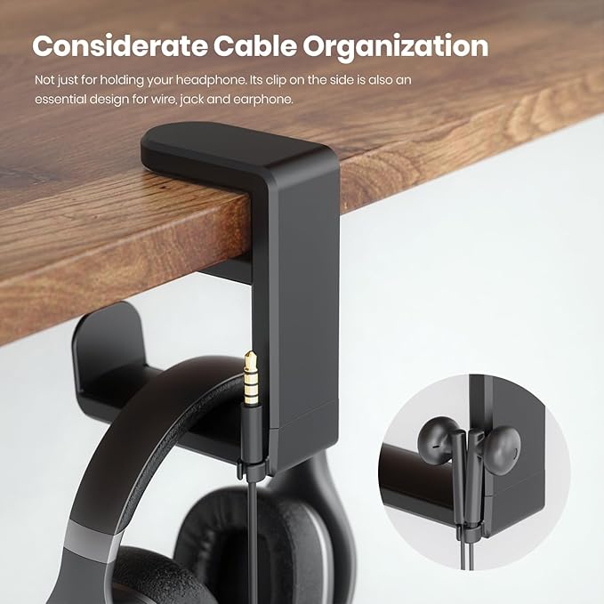 EURPMASK Rotating Headphone Stand - PC Gaming Headset Holder, Adjustable Clamp-on Under Desk Hanger With 360 Degree Swivel & Cable Clip Organizer - Black