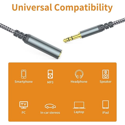 MCSPER Headphone Extension Cable, [2-Pack, 3.3ft Hi-Fi ] 3.5mm Extension AudioMale to Female Aux Adapter Hi-Fi Sound Stereo Extender Cord for Headset, iPhone, iPad, Smartphones, Tablets & More (Grey)