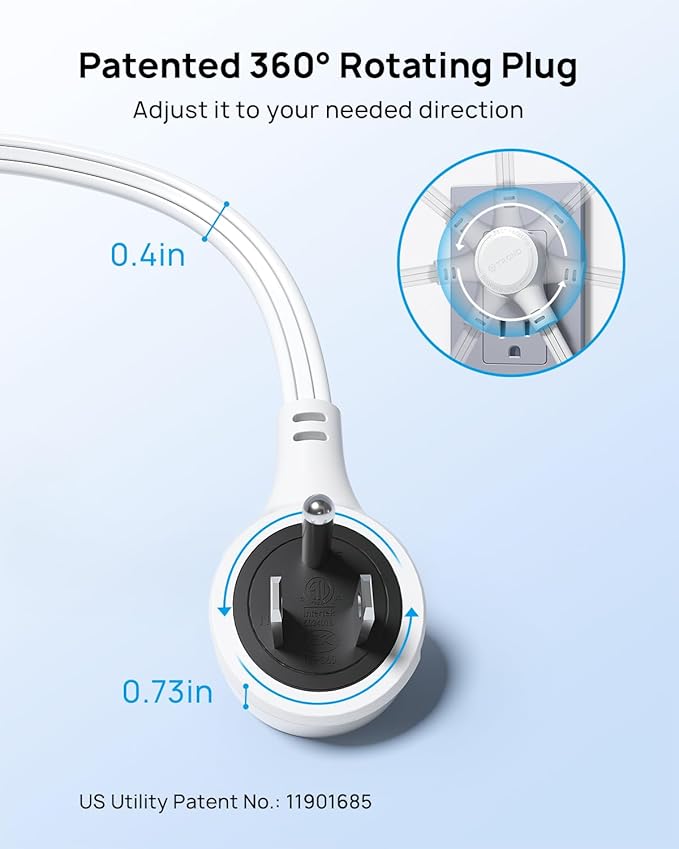 TROND Short Extension Cord 3ft with 360° Rotating Flat Plug, Low Profile Small Power Strip, Three Prong Grounded Outlets Cube, 13A, 16 AWG Cable for Indoor Home Office Cruise Travel Essentials, White