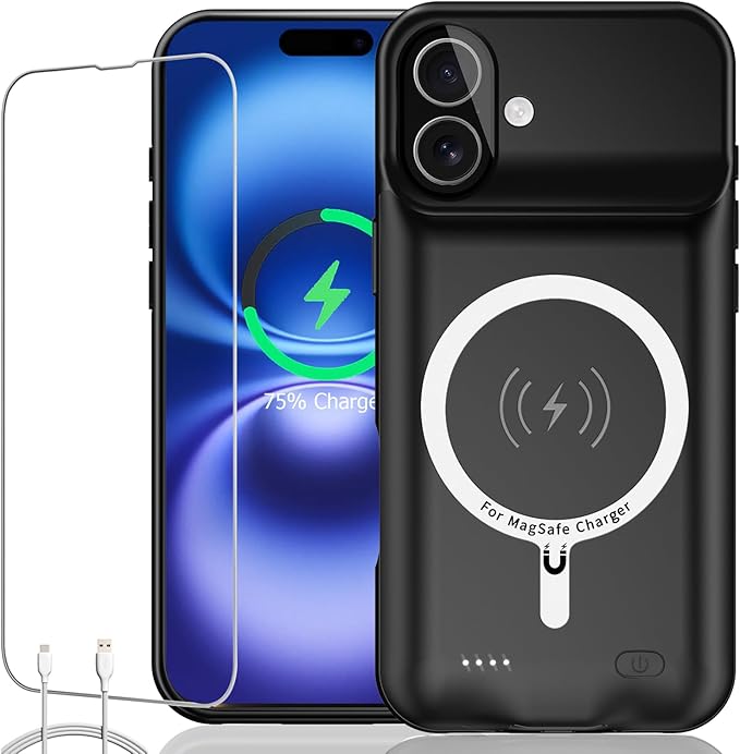 Battery Case for iPhone 16, Upgraded 10000mAh Ultra-Slim Rechargeable Portable Extended Battery Pack Support Qi Wireless Charging Case Compatible with iPhone 16 (6.1 inch) Charger Case Cover(Black)