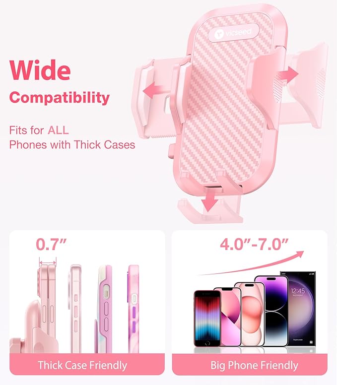 VICSEED Pink Phone Holder for Your Car [Sturdy & Durable] [Powerful Suction] Dashboard Windshield Air Vent Car Phone Holder Hands Free Phone Mount for Car for iPhone Android, Pink Car Accessories