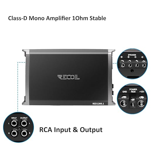 Recoil RED1200-1 2500 Watts Class-D Strappable Car Audio Mono-Block Subwoofer Amplifier, 1 Ohm Stable, Remote Bass Knob Included
