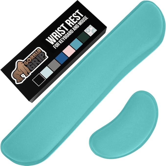 GORILLA GRIP Silky Gel Memory Foam Wrist Rest for Computer Keyboard, Mouse, Ergonomic Design for Typing Pain Relief, Desk Pads Support Hand, Arm, Mousepad Rests, Stain Resistant, 2 Piece Pad Turquoise