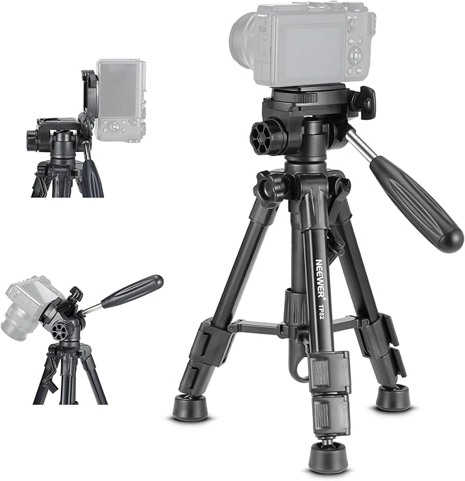 NEEWER Basic Mini Desk Tripod for Camera with 3 Way Pan Tilt Head & Handle, Small Portable Metal Tabletop Selfie Stick Stand with 1/4" Screw for DSLR Vlog Video Recording, Max Load 13.2lb, TP02