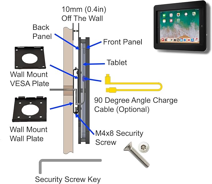 TABcare Anti-Theft Acrylic VESA Enclosure for Apple iPad Pro 13" 2024 with Wall Mount Kit & 90-Degree Angle USB C Cable (iPad Pro 13" 2024, Clear)