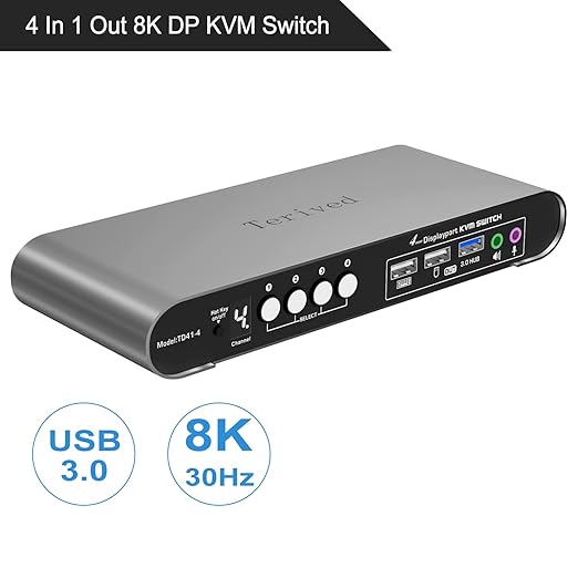 4 Computers 1 DP Monitor Automatic KVM Switch 4K@144Hz 8K30Hz with Complete Cable Set, Hotkey Switching, Support Audio Microphone and USB Hub, Aluminum Alloy Shell, Digital Display, HDR10