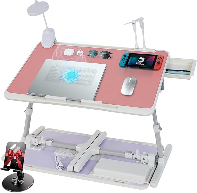 Laptop Lap Desk Include Cooling Fan,Adjustable Lap Desk with Light Fan,Folding Laptop Desk for Bed with USB,Bed Desk with Storage Drawer 60x40cm,Pink