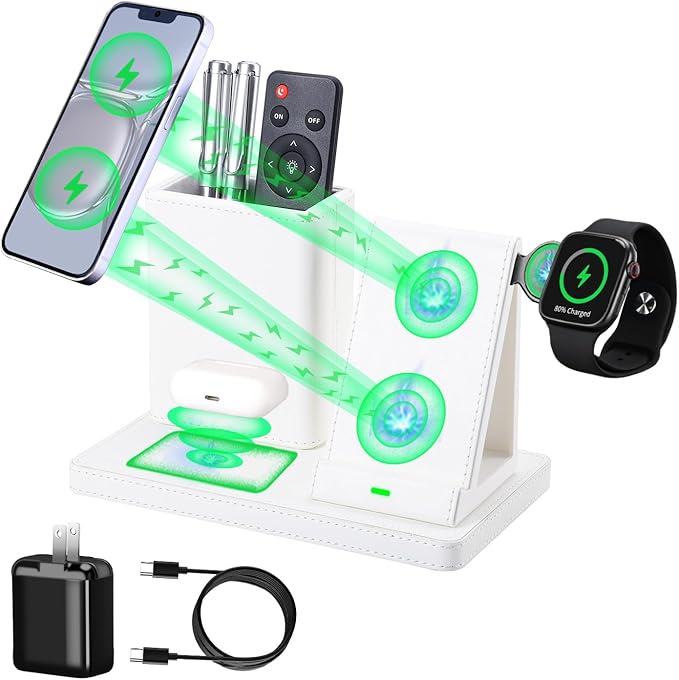White Leather Pen Holder Desk Organizer with 3-in-1 Wireless Charger for Phone, Earbuds, Watch - Desktop Phone Stand,birthday gifts for women,mom gifts (white)