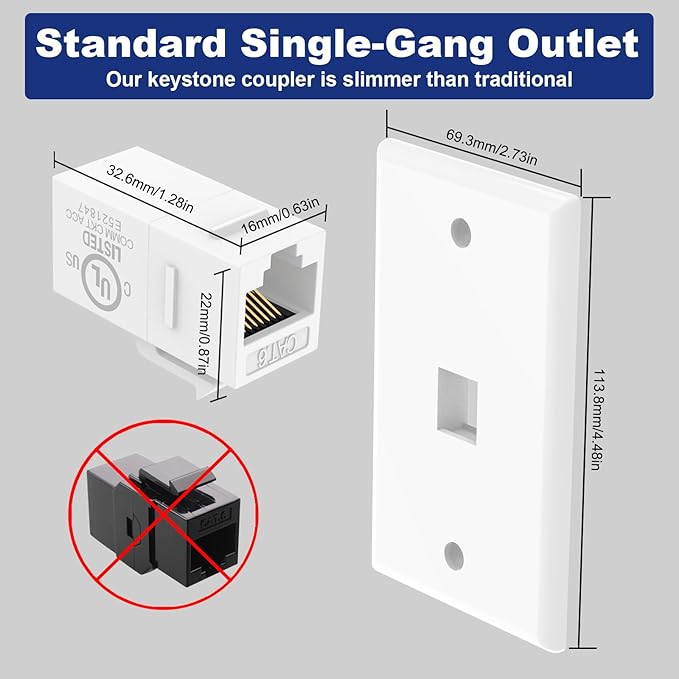 VCE 6-Pack Ethernet Wall Plate (UL-Listed), RJ45 CAT6 Wall Plate with Low Voltage Mounting Bracket 1 Gang, White