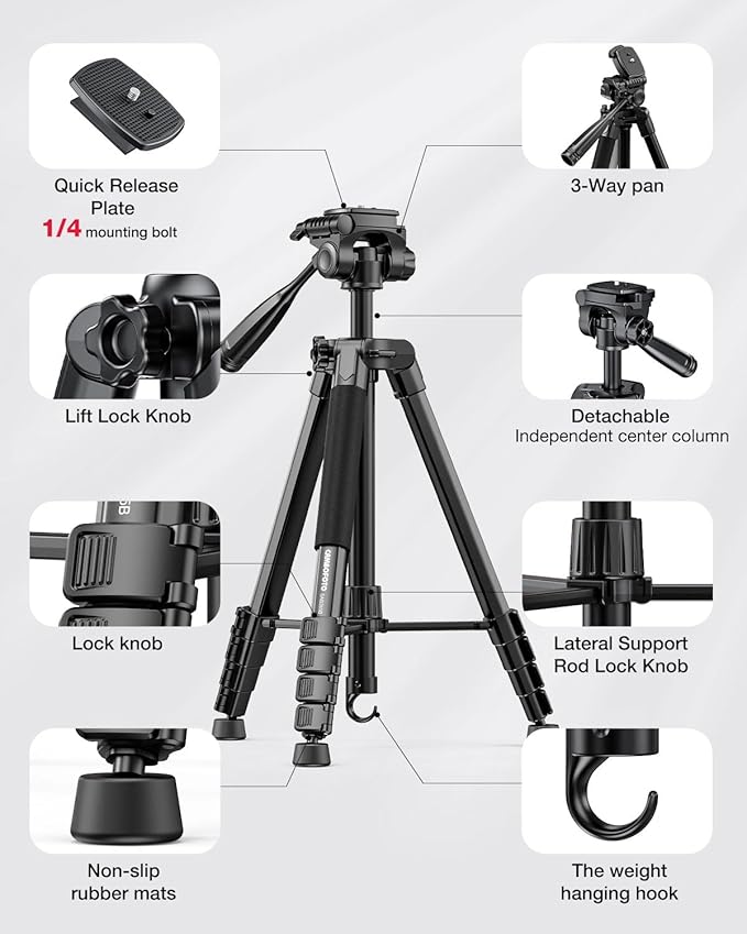 73" Camera Tripod and Monopod, Professional Aluminum Tripod Stand for Mirrorless Camera/DSLR/Cell Phone/Camcorder/GoPro, with Phone Holder and Travel Bag (Black)
