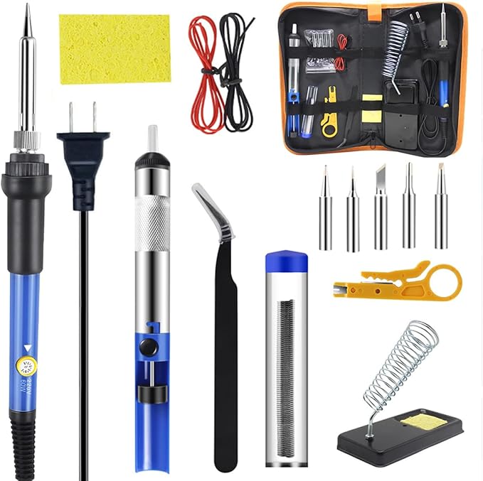 Soldering Iron Kit 60W with Interchangeable Iron Tips, Stand, Solder Tube, Welding Wire, 15-in-1 Adjustable Temperature Soldering Gun Welding Iron Kit for any Hobby Enthusiast 110V