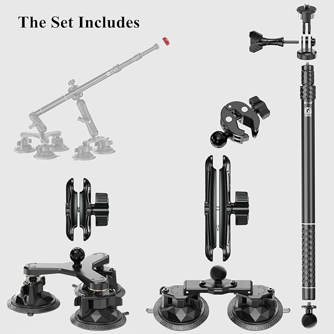 BRCOVAN Suction Cup Car Camera Mount Kit with Metal Extendable Selfie Stick, Dual Aluminum Alloy Arm, with Action Camera Adapter & 1/4"-20 Camera Thread, with Flagpole Accessories