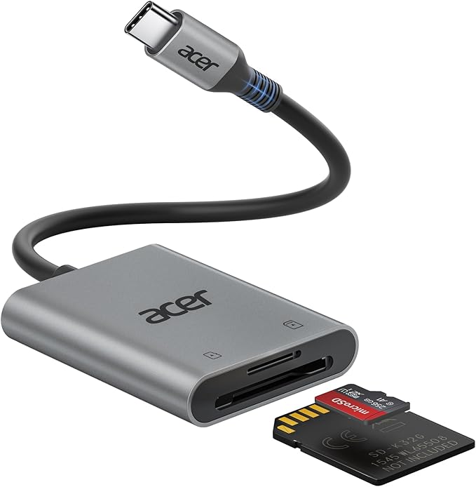 Acer SD Card Reader USB C, Dual Slots Type C to Memory Card Reader, Aluminum Micro SD Card Camera Adapter for MicroSD, SDHC, SDXC, Compatible with iPhone16/15, MacBook, iPad Pro, Android, Laptop