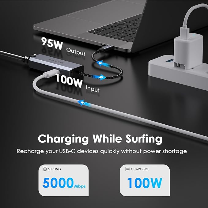 WAVLINK USB-C to Ethernet Adapter with 95W PD - 5Gbps High-Speed, Driver-Free Type-C to RJ45 Ethernet LAN Network Adapter Thunderbolt 5/4/3 Compatible for MacBook Pro/Air, iPad Pro, Dell XPS