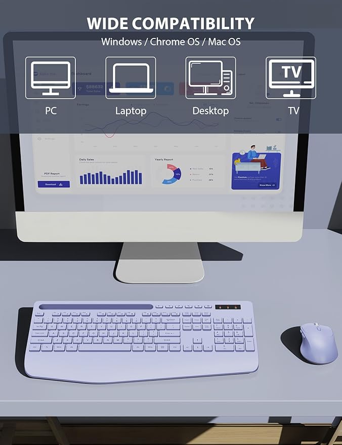 Wireless Keyboard and Mouse Combo - Full-Sized Ergonomic Keyboard with Wrist Rest, Phone Holder, Sleep Mode, Silent 2.4GHz Cordless Keyboard Mouse Combo for Laptop, Computer, PC, Mac, Windows -Trueque