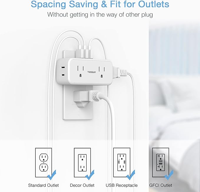 Multi Plug Outlet Splitter with USB, TESSAN 4 Electrical Multiple Outlet Extender with 3 USB Ports, Mini Double Plug Expander Surge Protector for Home, Office, Kitchen, Dorm Essentials, White
