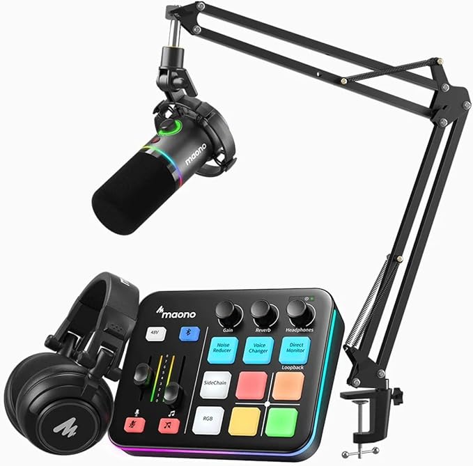 MAONO Gaming Streaming Equipment Bundle: Audio Interface Mixer XLR Dynamic Mic Studio Headphone RGB Noise Reduction Live Streaming Podcasting MaonoCaster PD200XS&G1 NEO&MH601