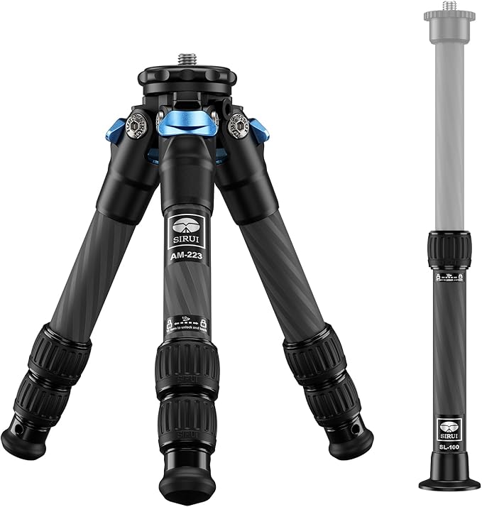 SIRUI Lightweight Carbon Fiber Mini Travel Tripod with Two-Section Center Column, Max Height 26", Supports 22lbs (AM-223+SL-100)
