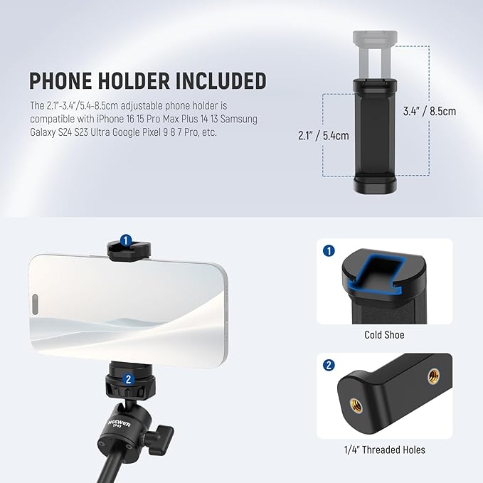 NEEWER Basics Mini Desk Selfie Stick Tripod Compatible with iPhone GoPro Insta360 DJI, Portable Small Camera Webcam Android Cell Phone Holder Ball Head Elevated Axis Video Recording Stand, TP43 Black