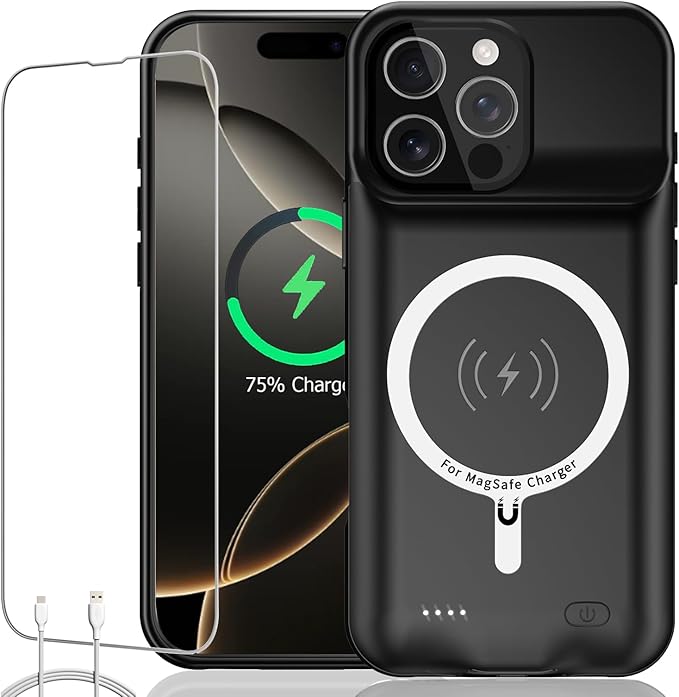 Battery Case for iPhone 16 Pro Max, Upgraded 12000mAh Rechargeable Portable Extended Battery Pack Supported Qi Wireless Charging Case Compatible with iPhone 16 Pro Max (6.9 inch) Charger Cover (Black)