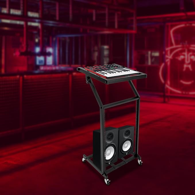 16U Professional DJ Stand Rack Mount DJ Mixer Stand Adjustable Stage Cart w/Wheel for Music Party Show Music Studios Performance Stages Concert Venues