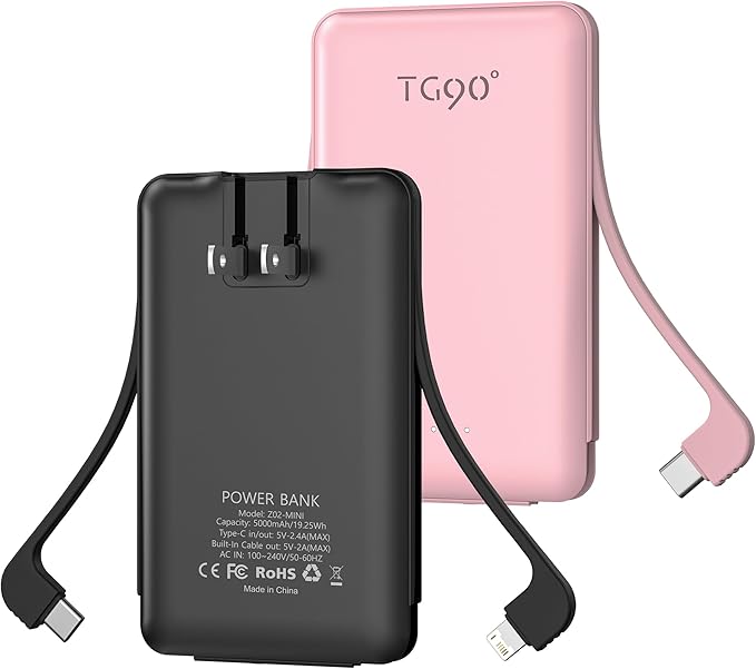 TG90° 2 Pack Portable Charger Power Bank, 5000mAh External Battery Pack with Built-in Foldable AC Wall Plug and Cables, Small USB C Charger Compatible with iPhone and Android Devices