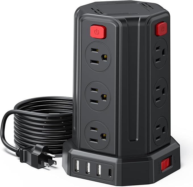 Power Strip Surge Protector, 10 Ft Extension Cord with 12 AC Multiple Outlets 4 USB (1 USB C), SMALLRT Power Tower Desktop Charging Station (Black, 10 FT PD20W)