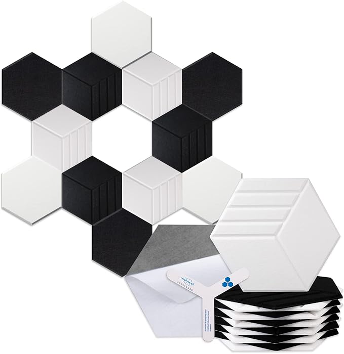 Mollywell Hexagon Acoustic Panels, Carved Patterns, Soundproofing, Decorative Noise Reduction Felt Wall Tiles for Ceilings, Home Office & Gaming Room (Black and White), 14x12x0.4 Inch