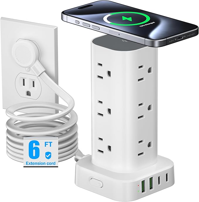 Tower Power Strip with 15W Wireless Charger, 6FT Flat Plug Extension Cord with Multiple Outlets, 12 AC Outlets, 4 USB Ports (2 USB C) Charging Station Surge Protector for Office Home Dorm Room (White)