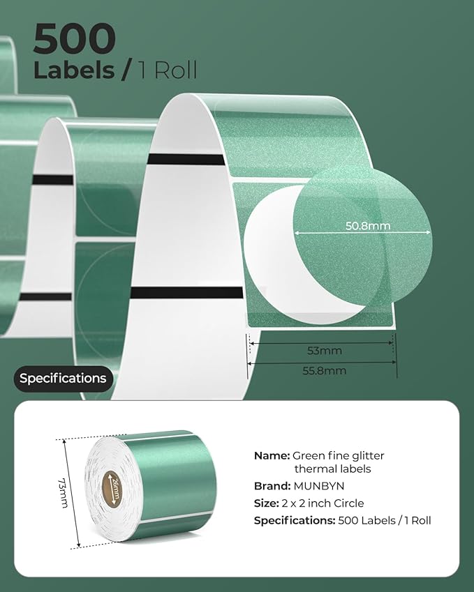 MUNBYN 2 Inch (50.8x50.8mm) Green Transparent Thermal Labels, Round Fine Glitter Printable Thermal Stickers for Small Businesses, 500 Labels/1 Roll