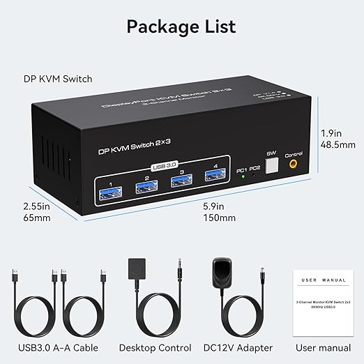 8K Displayport KVM Switch 3 Monitors 2 Computers 4K 120Hz DP KVM Switches Triple Monitor for 2 PC Share 4 USB 3.0 Ports Support Extended & Copy Display Mode Wired Controller and 12V Adapter