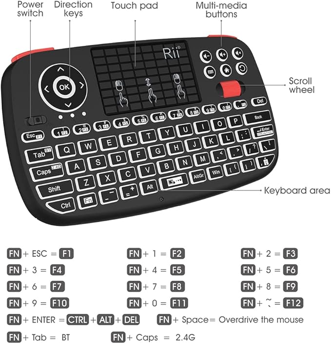 Rii (Upgrade) i4 Mini Bluetooth Keyboard with Touchpad, Blacklit Portable Wireless Keyboard with 2.4G USB Dongle for Smartphones, PC, Tablet, Laptop TV Box iOS Android Windows Mac.Black