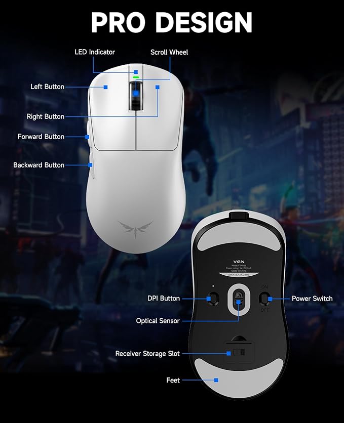 VGN F1 MOBA Wireless Gaming Mouse, 4K Polling Wired/Wireless Gamer Mice with 26K Optical Sensor, 55g Lightweight, 200h Battery Life, 6 Programmable Buttons, USB-C Charging, for PC/Mac/Laptop - White