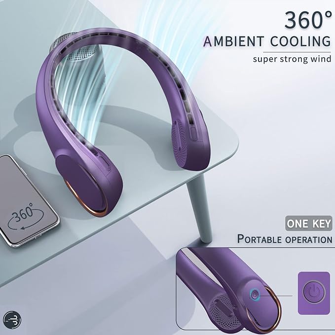 Portable Neck Fan, Neck Fans for Men, 4000 mAh Rechargeable Personal Fan,360° Hands Free Bladeless Fan, 3 Speeds Adjustable, Faster Cooling, Super Quiet, Suitable for Home, Office, Sports