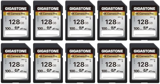 [5-Yrs Free Data Recovery] GIGASTONE 128GB SD Card 10-Pack, 4K Camera Pro, A1 V30 SDXC Memory Card 4K UHD Video Compatible with Canon Digital Camera, with 10 Mini Cases