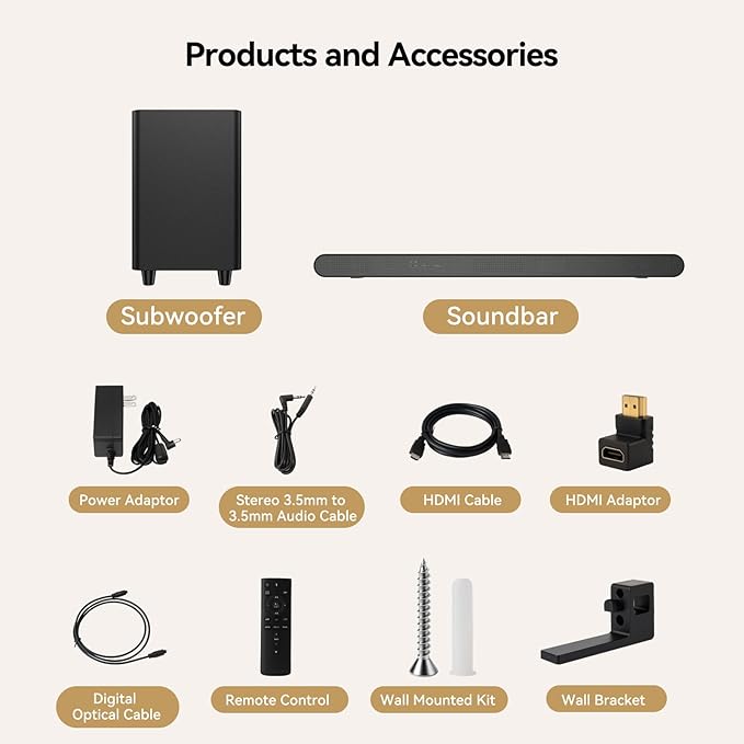 3.1CH Dolby Atmos Soundbar for Smart TV, 390w Virtual Atomos Surround Sound & Wired Subwoofer, 4K HDR Passthrough, HDMI/eARC Home Theater System