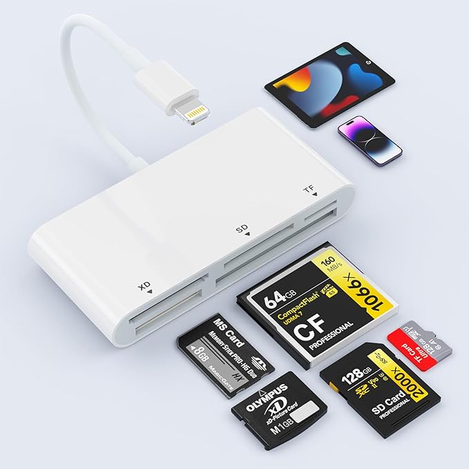 SD Card Reader for iPhone, 5-in-1 Multi iPhone Memory Card Reader for XD, CF, SD, TF, MS Cards, SD Memory Card Reader Adapter for iPhone 14/14 Pro/14 Pro Max/13/12/iPad, Plug and Play